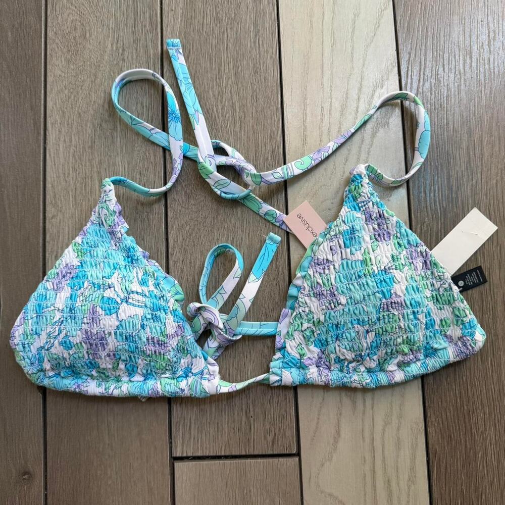 AQUA Smocked Triangle Bikini Top NWT Blue Floral L